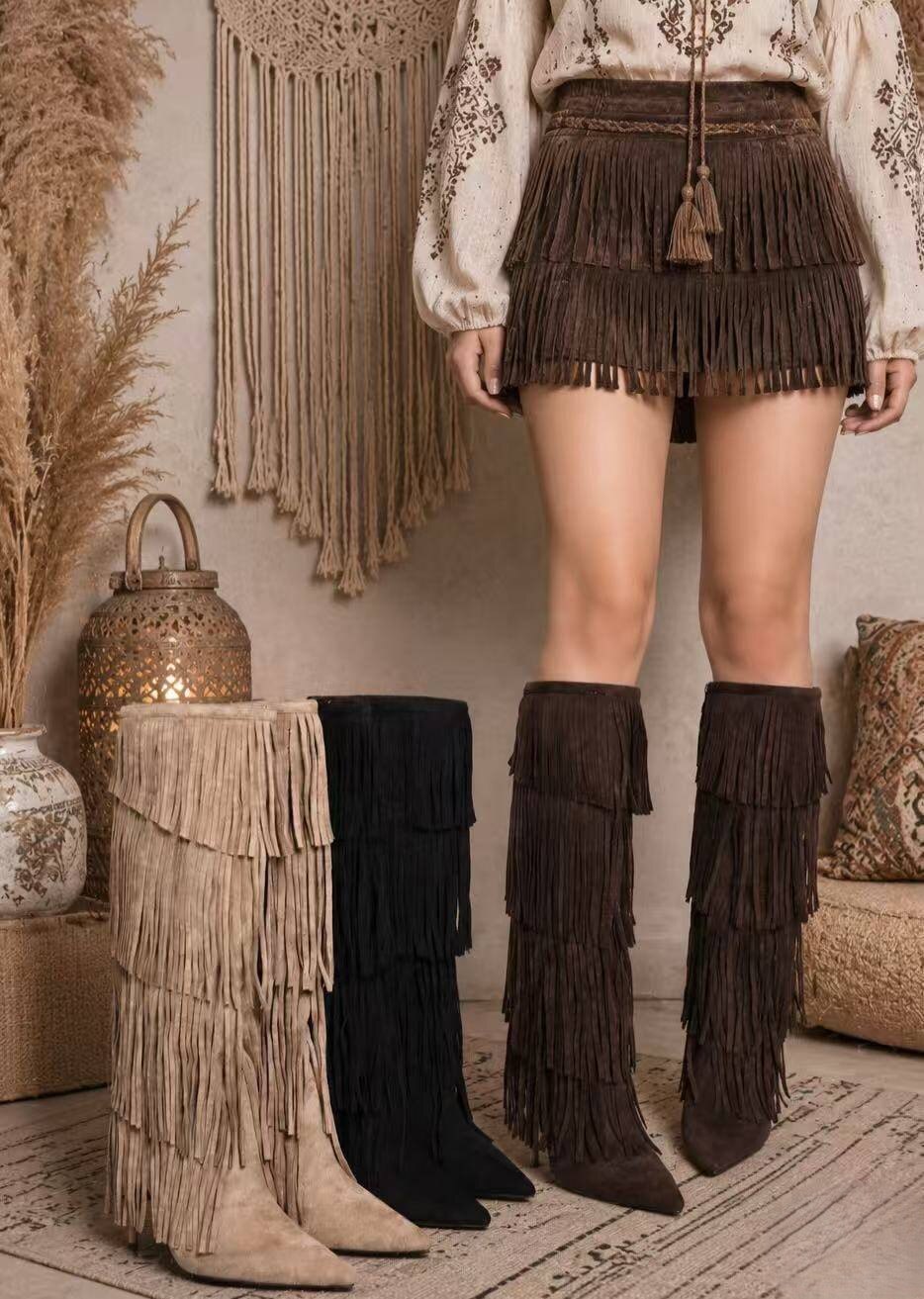 Wholesaler BEAVITA SHOES - Suede stiletto boots with tiered fringe. A bold boho-chic design, perfect for elongating the legs.