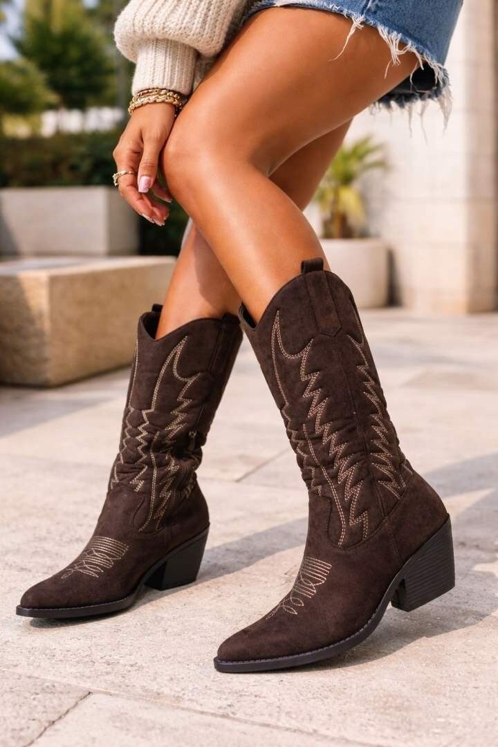 Wholesaler BEAVITA SHOES - Faux suede cowboy boots, featuring traditional contrasting embroidered stitching, pointed toe, and Cuban heel.