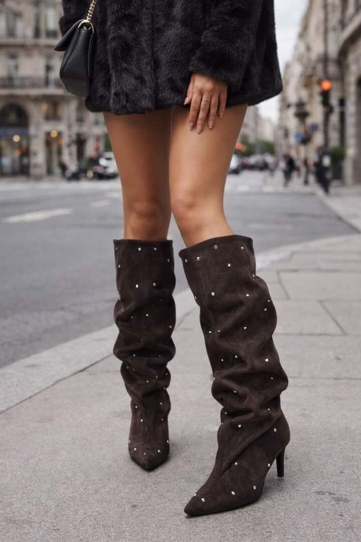 Wholesaler BEAVITA SHOES - Suede heeled boots, featuring glittering rhinestones and a soft ruched shaft. A glamorous, chic, and sophisticated design.