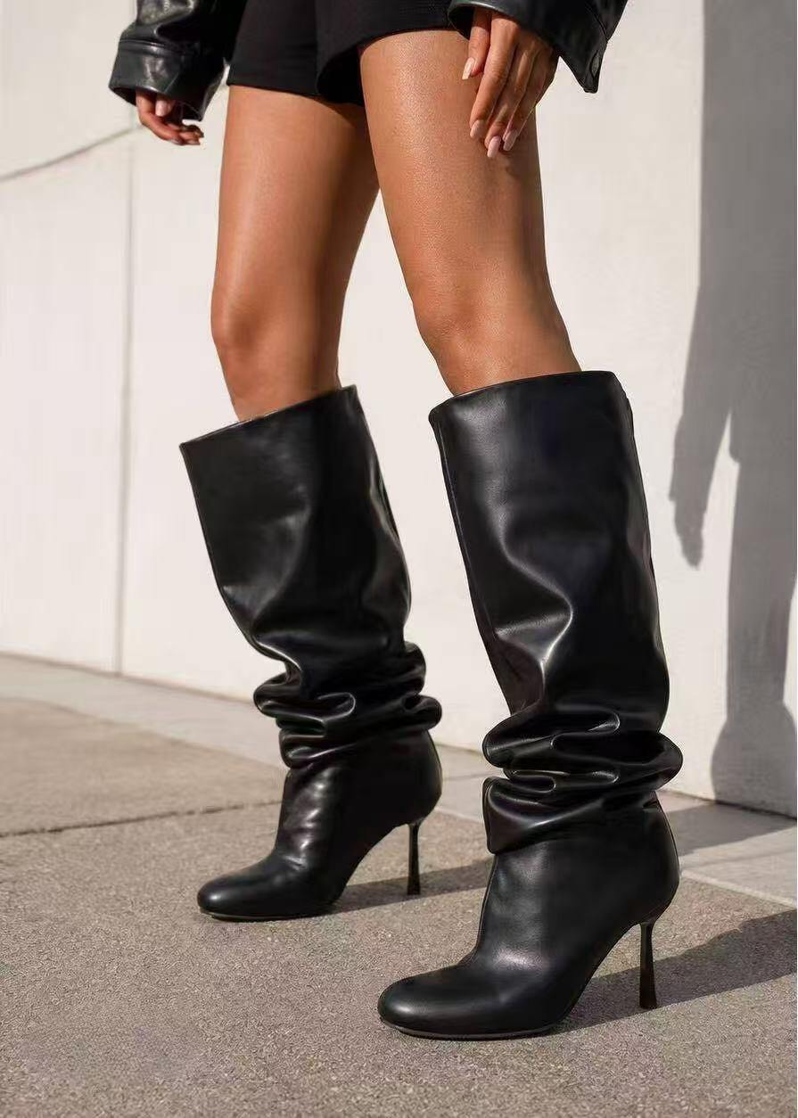 Wholesaler BEAVITA SHOES - Leather over-the-knee boots with a slim heel and ruched shaft. A bold, modern, and sophisticated style.