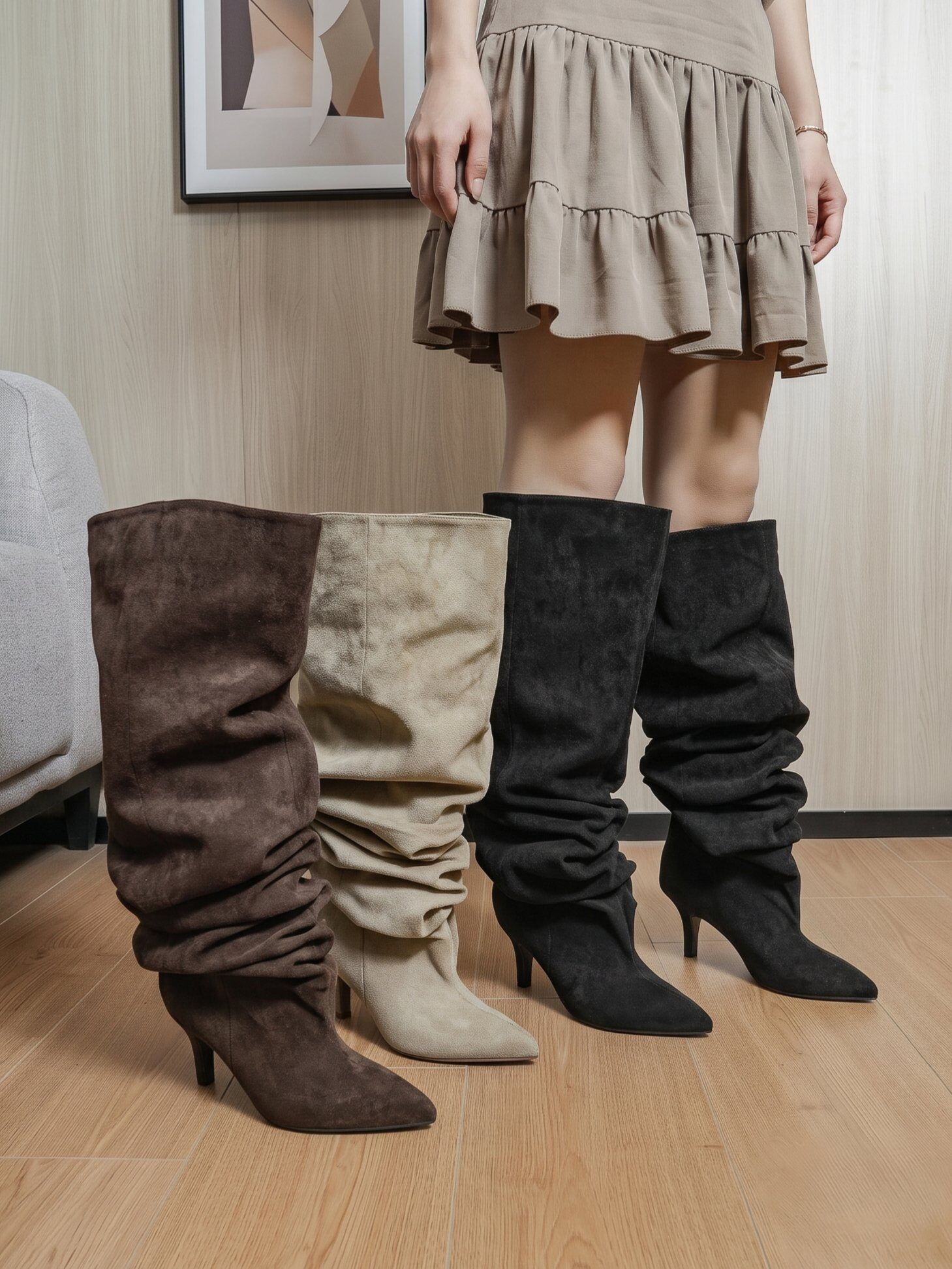 Wholesaler BEAVITA SHOES - Chic slouch boots in beige suede with a pointed toe and thin stiletto heel, perfect for a sophisticated autumn look.