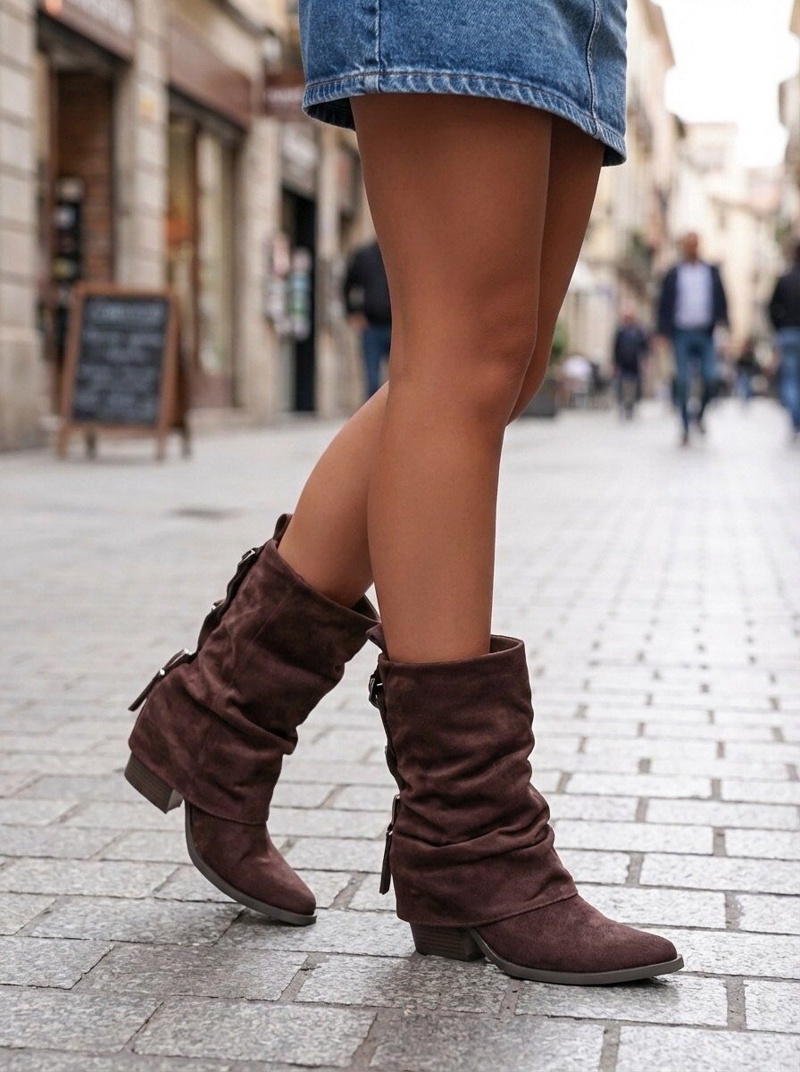 Wholesaler BEAVITA SHOES - Suede cowboy ankle boots with rear buckles, pointed toe, and western heel. A bold and boho-chic touch for your everyday outfits!