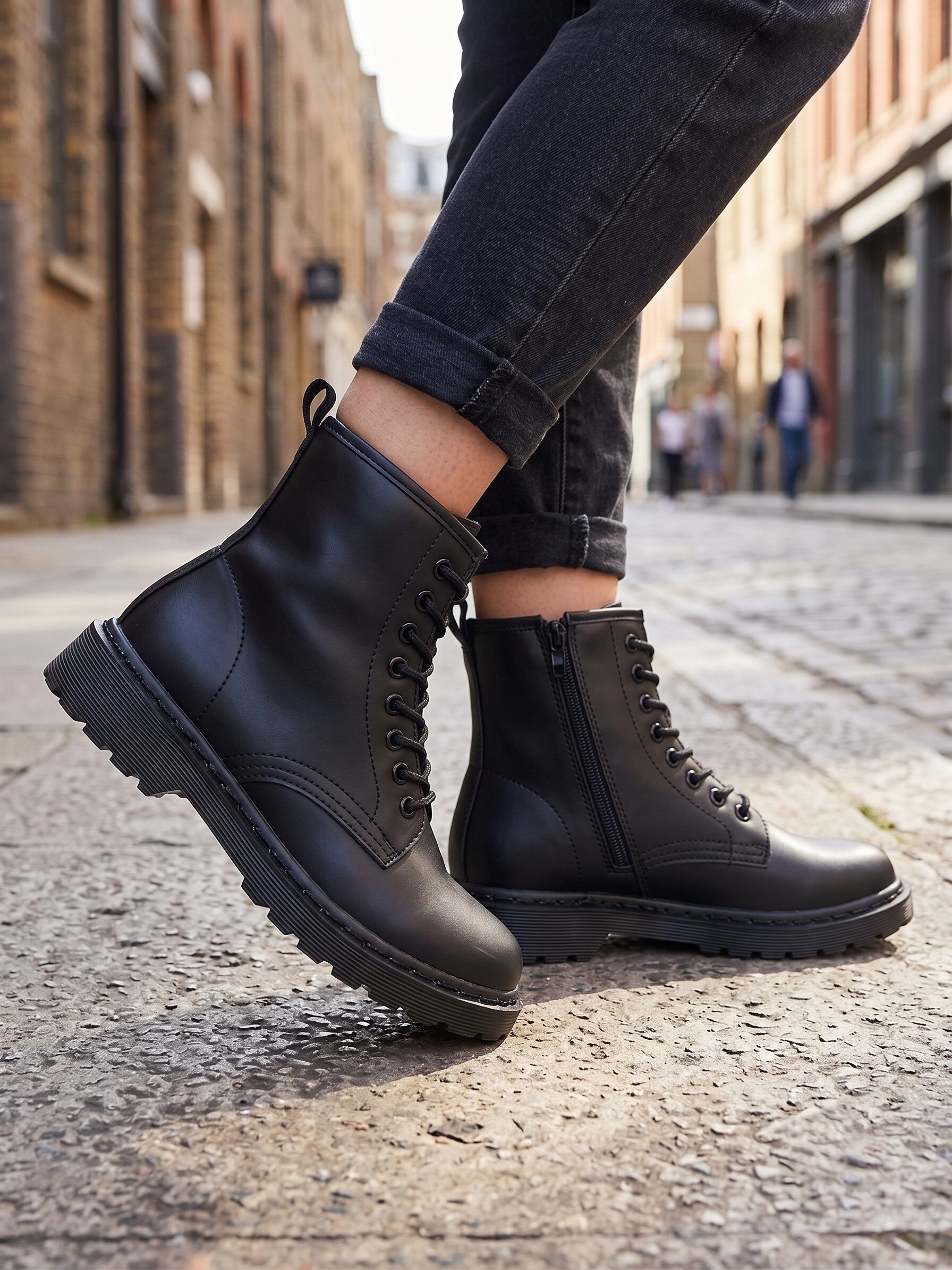 Wholesaler BEAVITA SHOES - Black lace-up combat boots with side zipper.