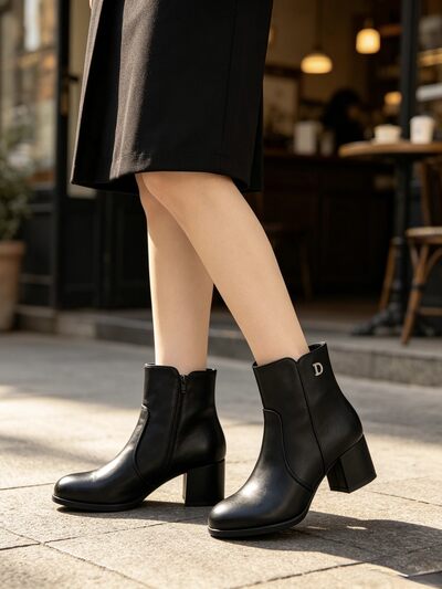 Großhändler BEAVITA SHOES - Lederstiefeletten mit breitem Absatz und metallischem Detail. Großhändler BEAVITA SHOES - Lederstiefeletten mit breitem Absatz und metallischem Detail.