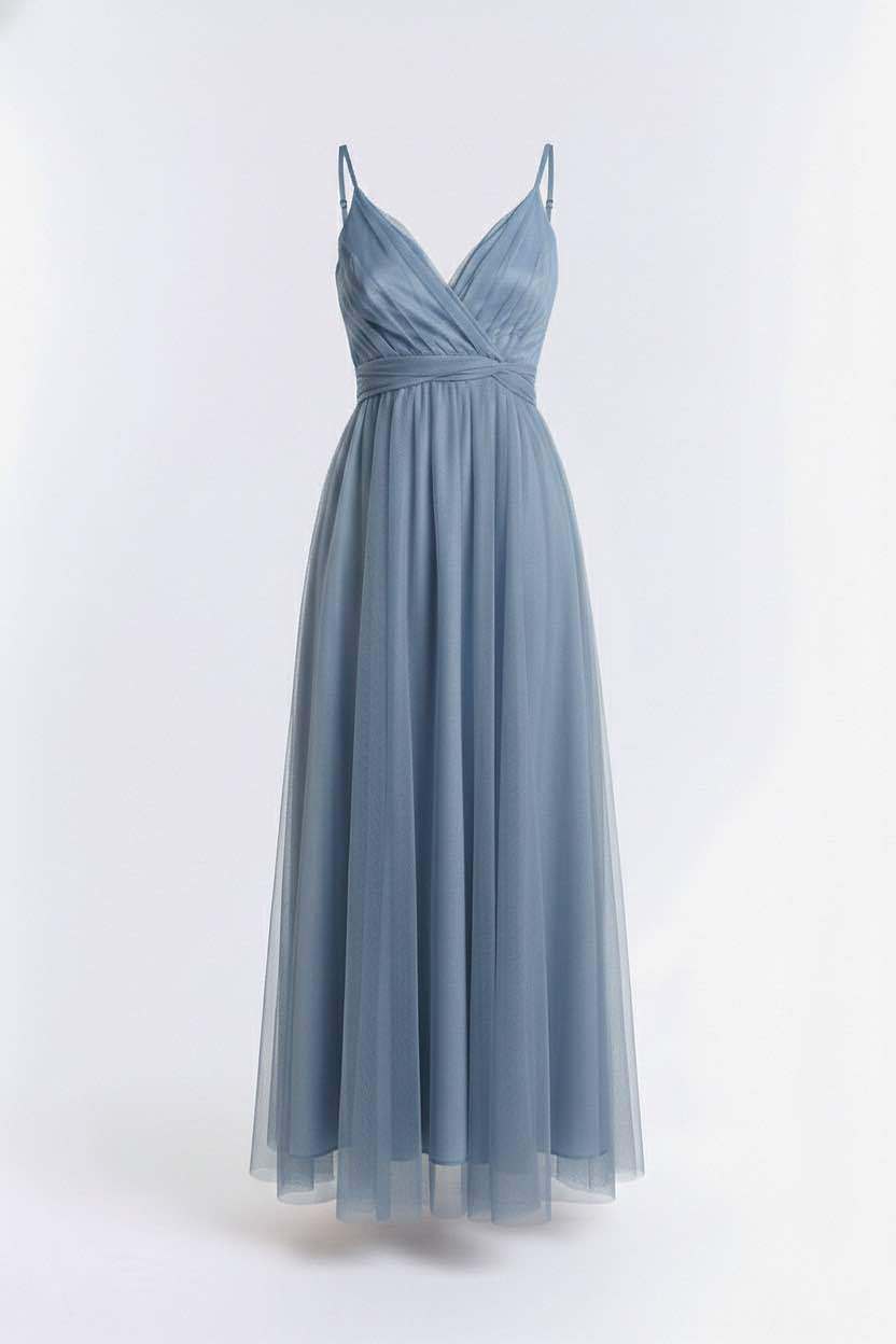 Wholesaler BEHOO - Women's Long Tulle Dress with Crossed Neckline and Thin Straps