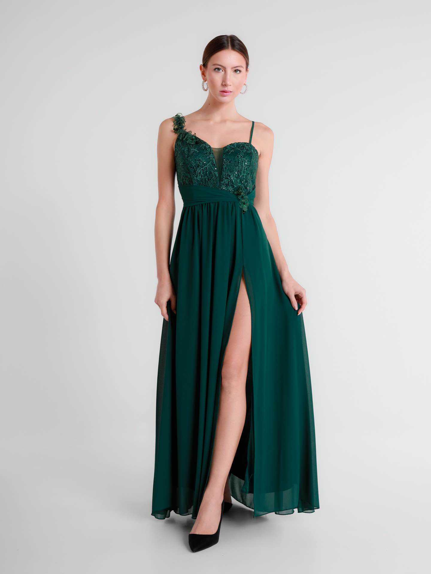 Großhändler BEHOO - Langes Ein-Schulter-Kleid für Zeremonien mit Spitze und Seitenschlitz