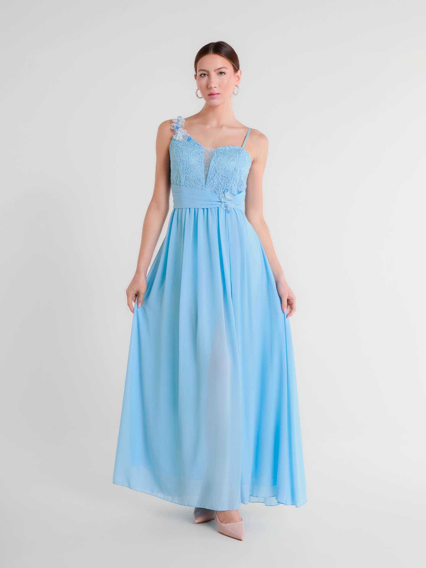 Wholesaler BEHOO - One-Shoulder Long Ceremony Dress with Lace and Side Slit