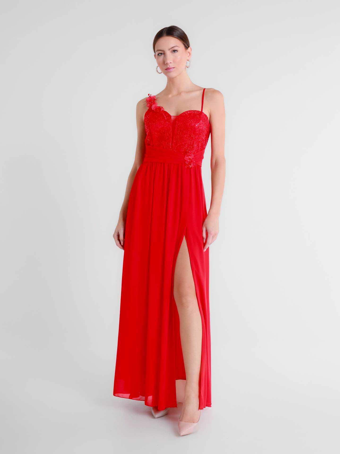 Großhändler BEHOO - Langes Ein-Schulter-Kleid für Zeremonien mit Spitze und Seitenschlitz