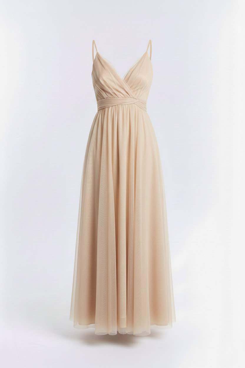 Wholesaler BEHOO - Women's Long Tulle Dress with Crossed Neckline and Thin Straps