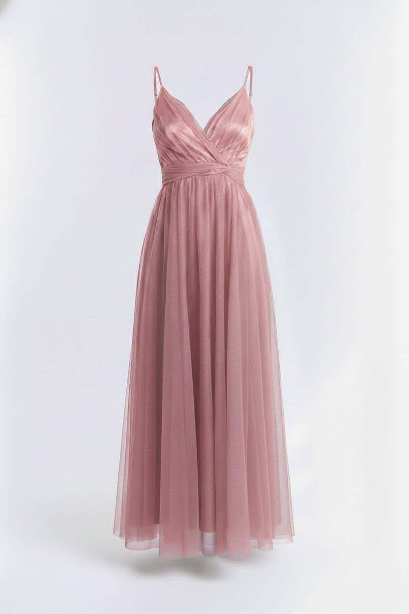 Großhändler BEHOO - Langes Damenkleid aus Tüll mit Überkreuztem Ausschnitt und Dünnen Trägern