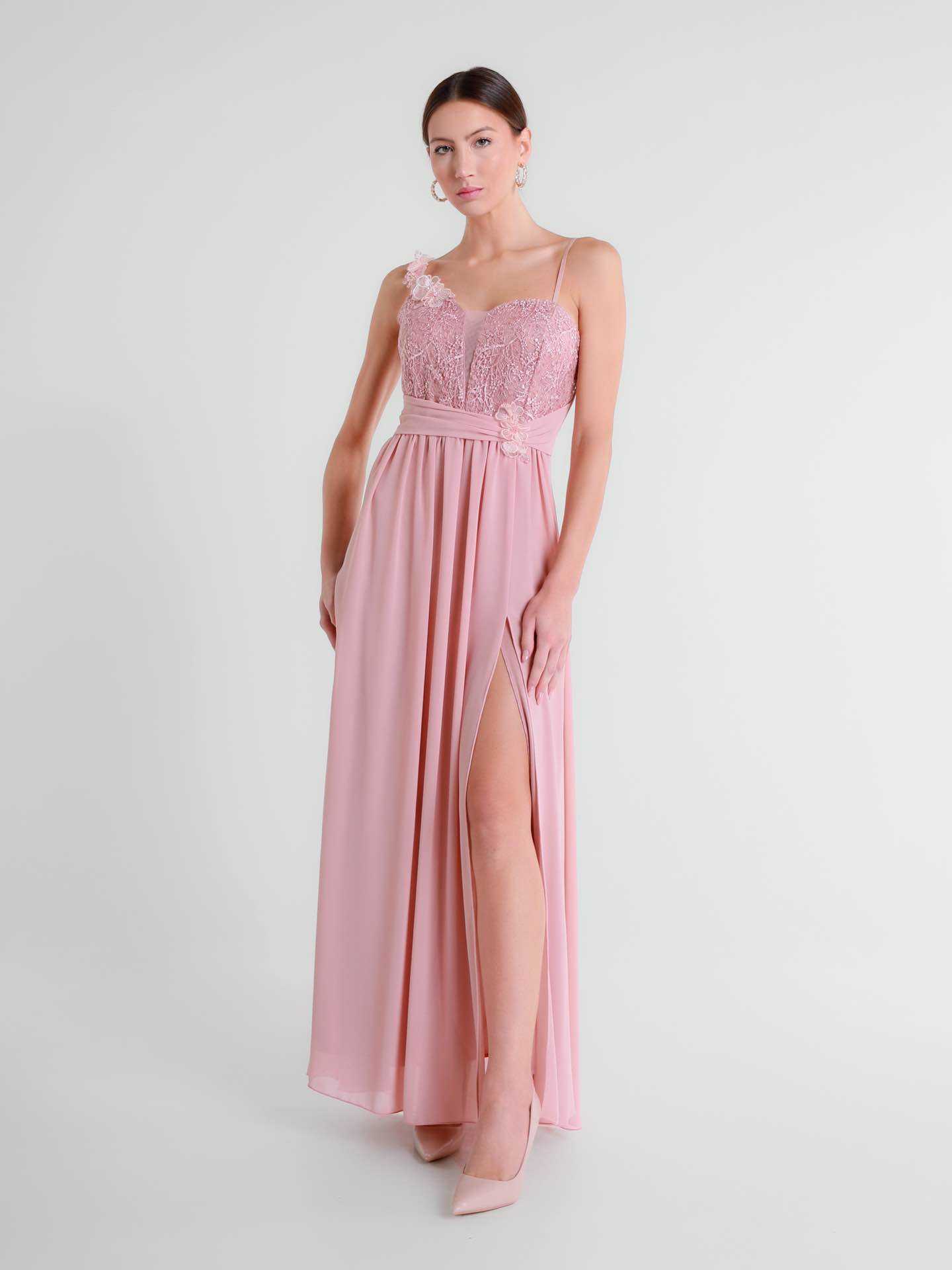 Grossiste BEHOO - Robe Longue de Cérémonie Asymétrique avec Dentelle et Fente Latérale