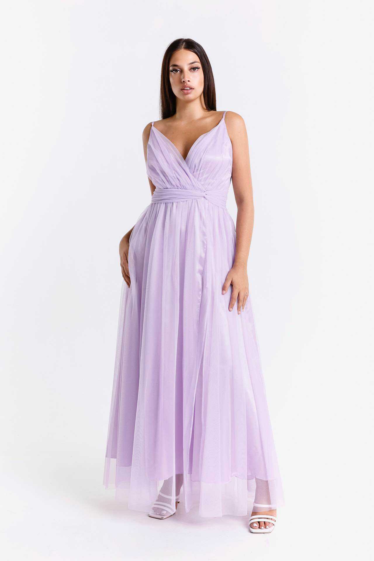 Wholesaler BEHOO - Women's Long Tulle Dress with Crossed Neckline and Thin Straps