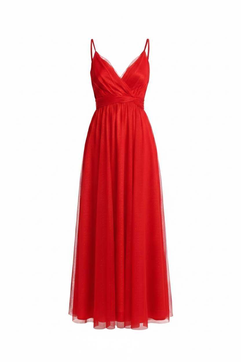 Wholesaler BEHOO - Women's Long Tulle Dress with Crossed Neckline and Thin Straps