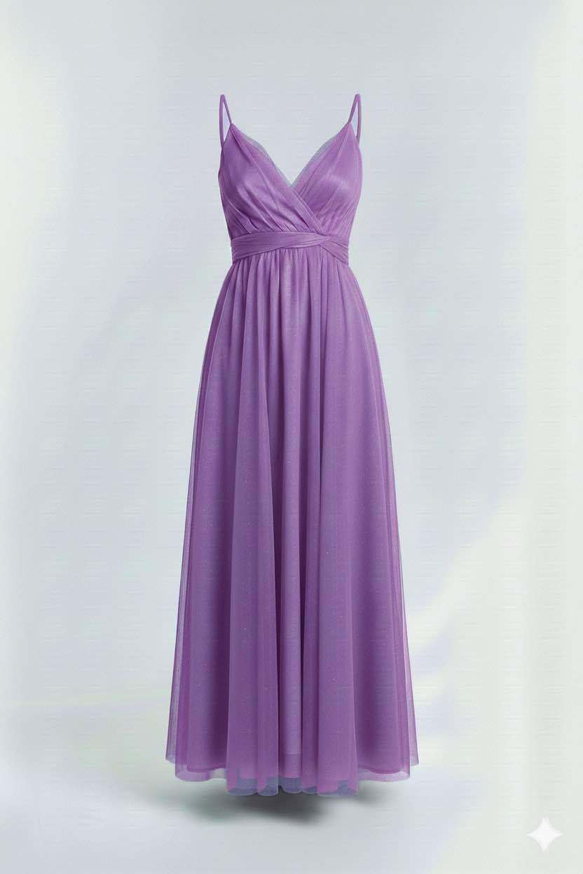 Wholesaler BEHOO - Women's Long Tulle Dress with Crossed Neckline and Thin Straps