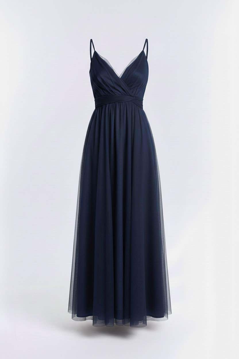 Wholesaler BEHOO - Women's Long Tulle Dress with Crossed Neckline and Thin Straps