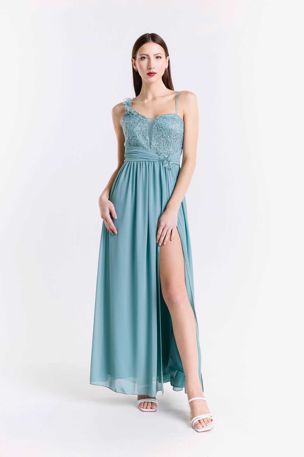 Großhändler BEHOO - Langes Ein-Schulter-Kleid für Zeremonien mit Spitze und Seitenschlitz