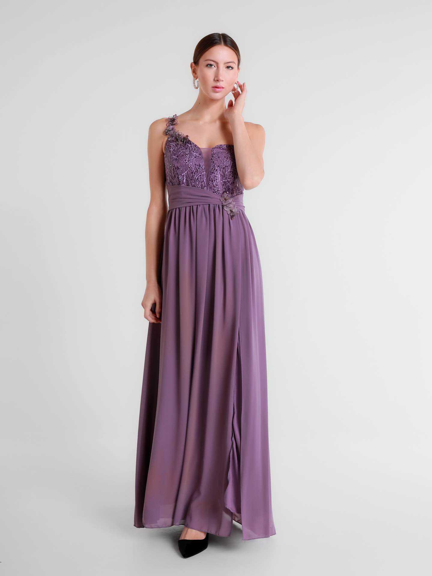 Grossiste BEHOO - Robe Longue de Cérémonie Asymétrique avec Dentelle et Fente Latérale