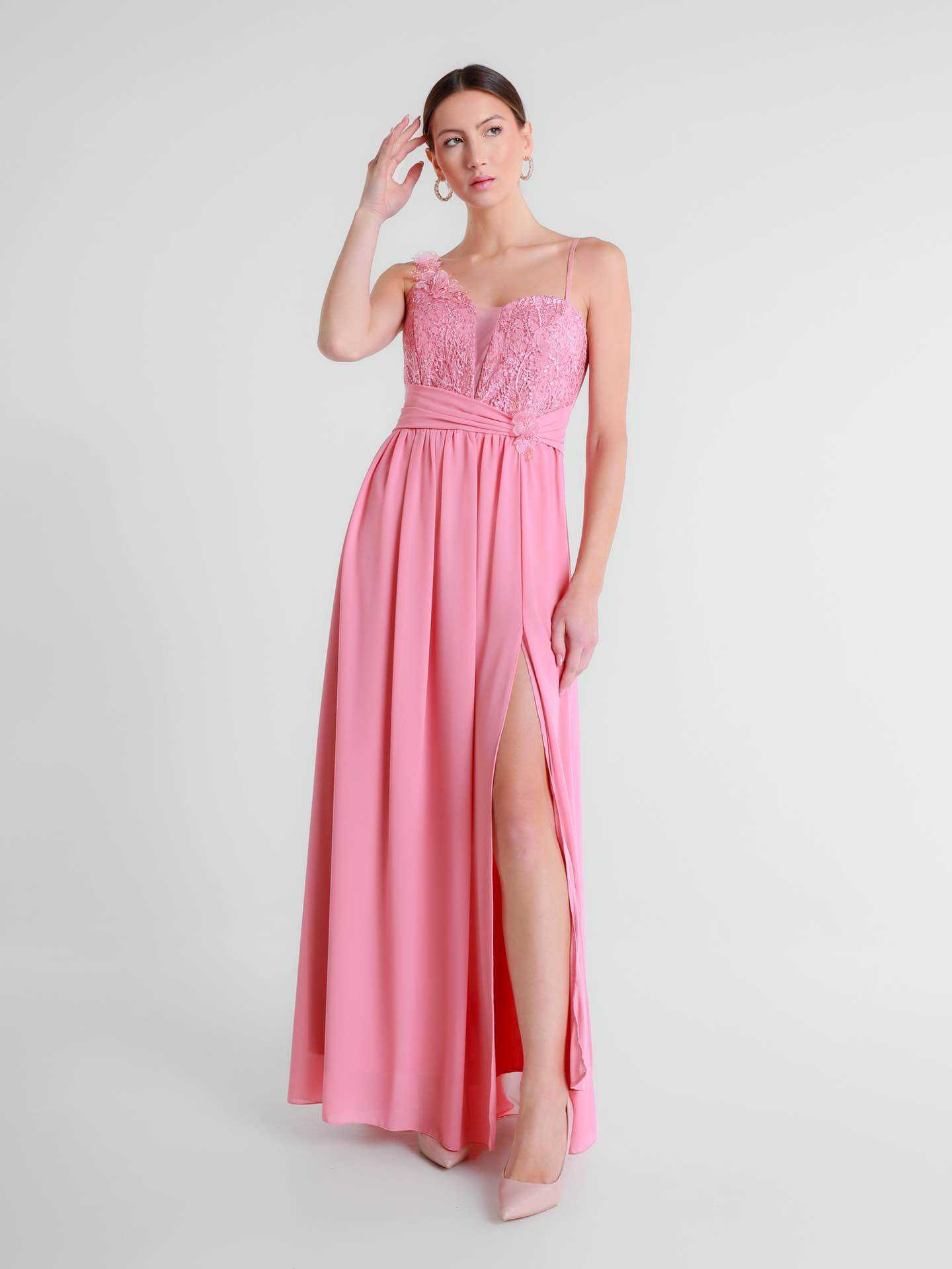 Wholesaler BEHOO - One-Shoulder Long Ceremony Dress with Lace and Side Slit