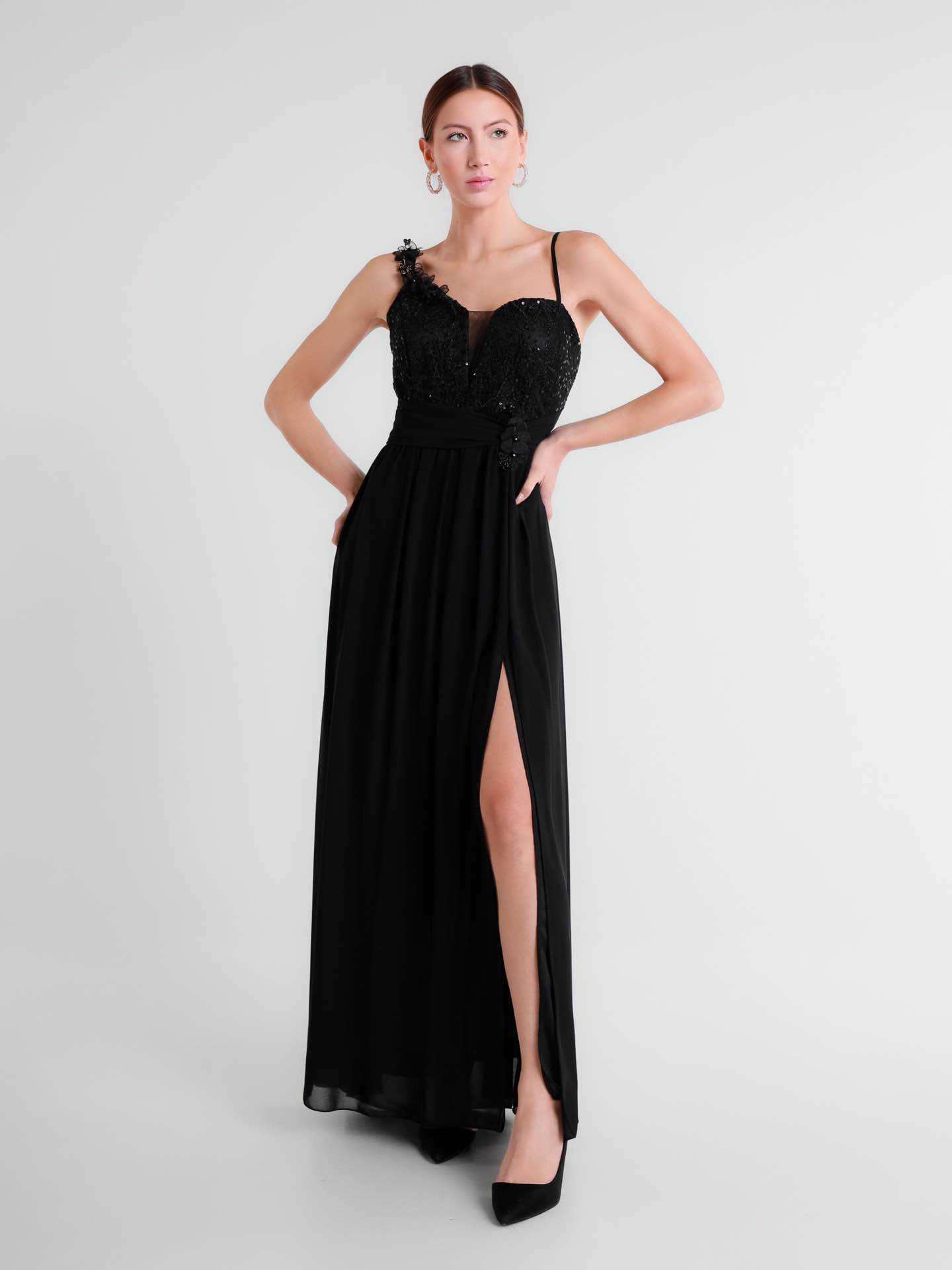 Wholesaler BEHOO - One-Shoulder Long Ceremony Dress with Lace and Side Slit
