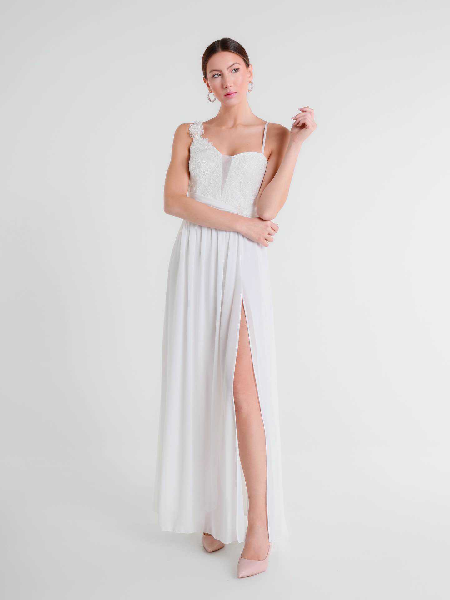 Mayorista BEHOO - Vestido Largo de Ceremonia de Un Solo Hombro con Encaje y Abertura Lateral