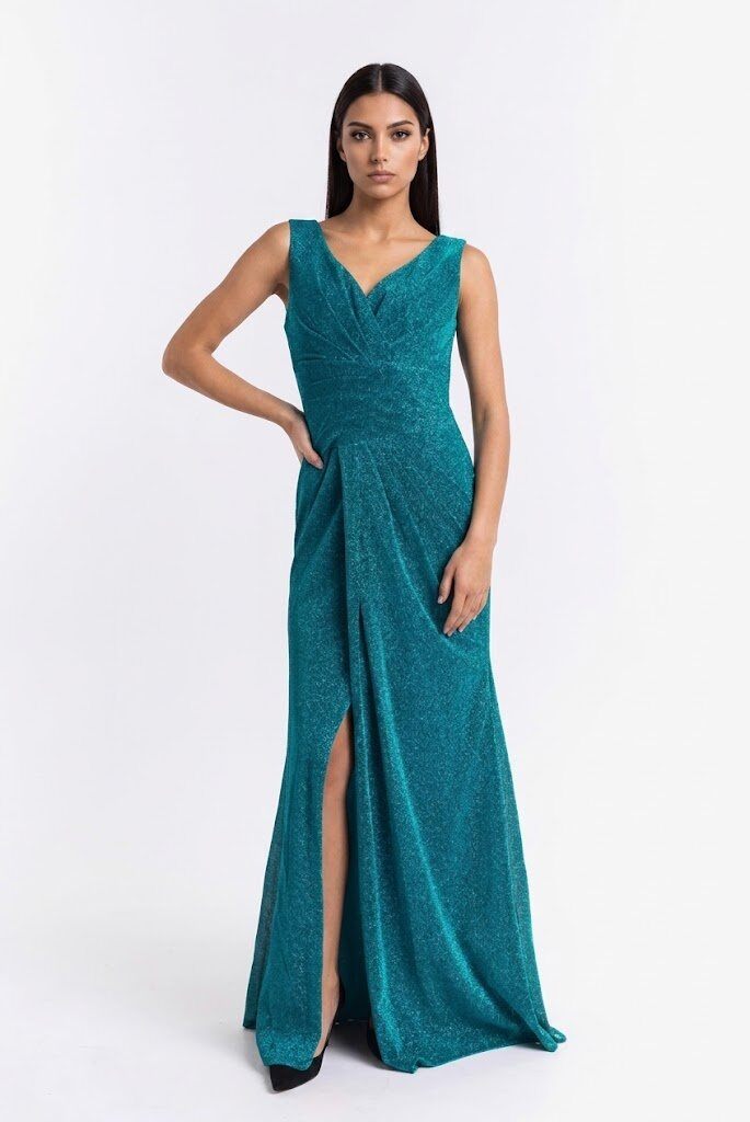 Mayorista BEHOO - Vestido de noche elegante con escote en V, tejido brillante y abertura frontal