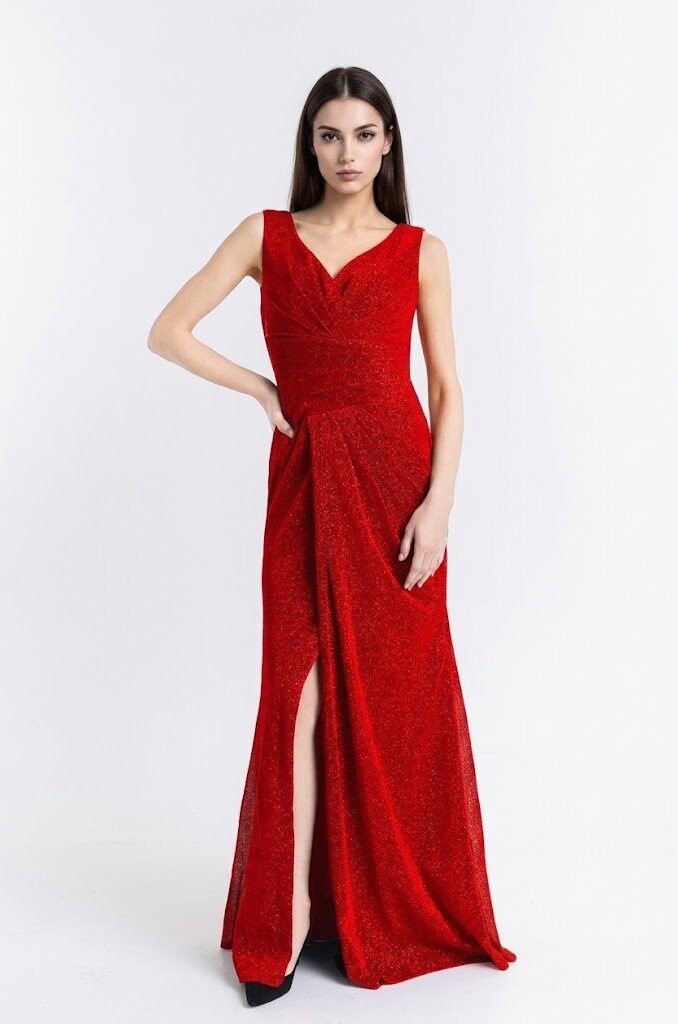 Mayorista BEHOO - Vestido de noche elegante con escote en V, tejido brillante y abertura frontal