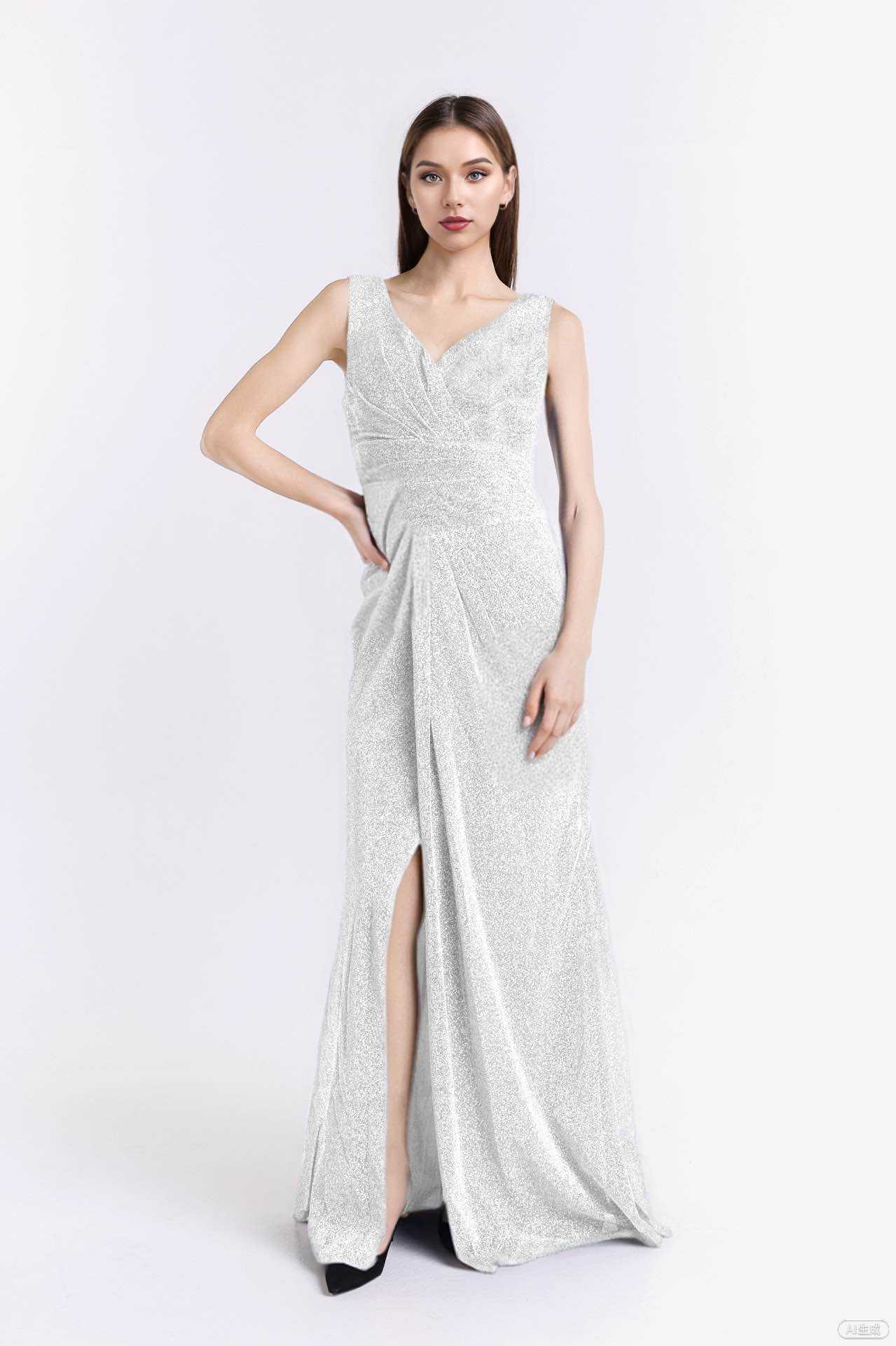Wholesaler BEHOO - Elegant evening dress with V-neckline, shiny fabric, and front slit