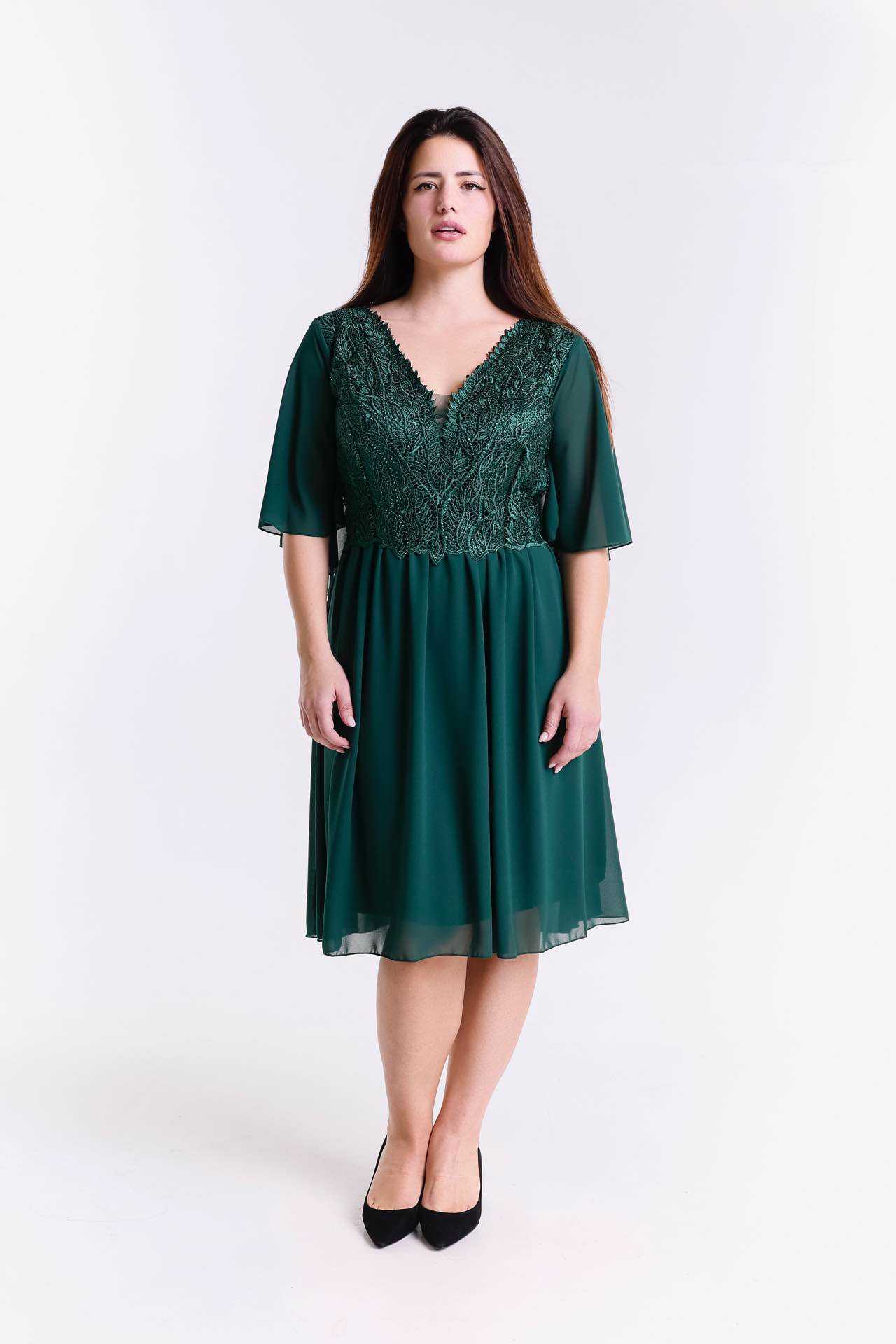 Grossista BEHOO - Abito Donna Curvy in Chiffon con Pizzo e Scollo a V