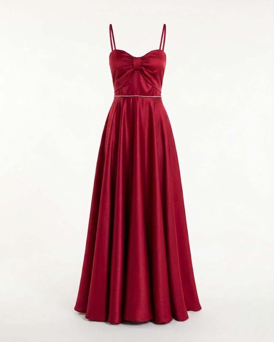 Grossiste BEHOO - Robe Longue Élégante en Satin avec Bretelles Fines et Nœud sur le Corsage