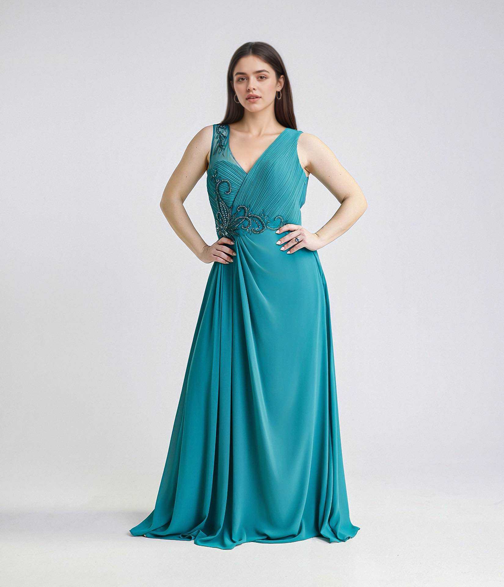 Wholesaler BEHOO - Elegant Long Dress for Women, Beaded Embroidery and Pleated Chiffon, Evening and Formal Gown