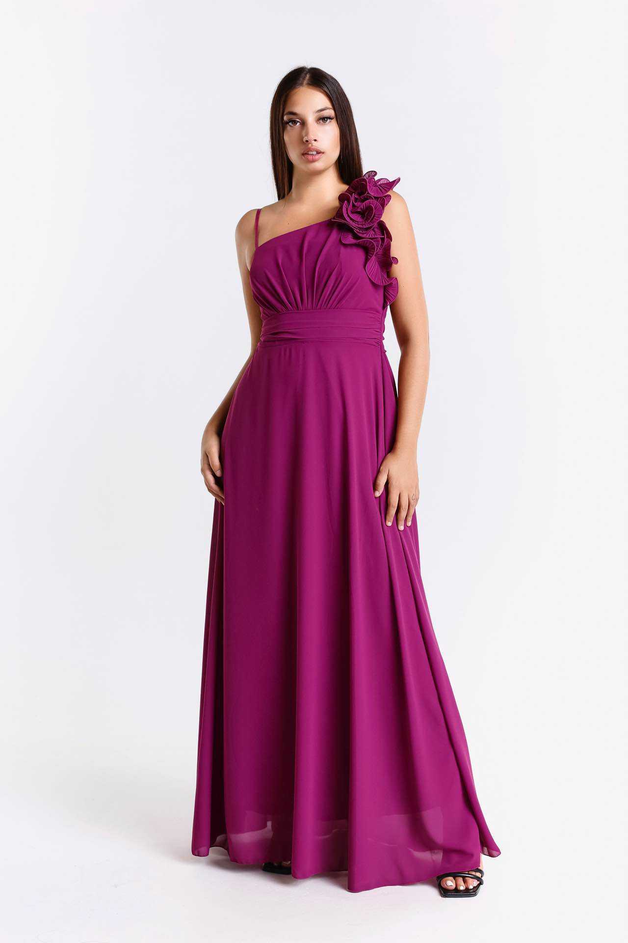 Wholesaler BEHOO - Women's long one-shoulder dress with 3D flowers and bow