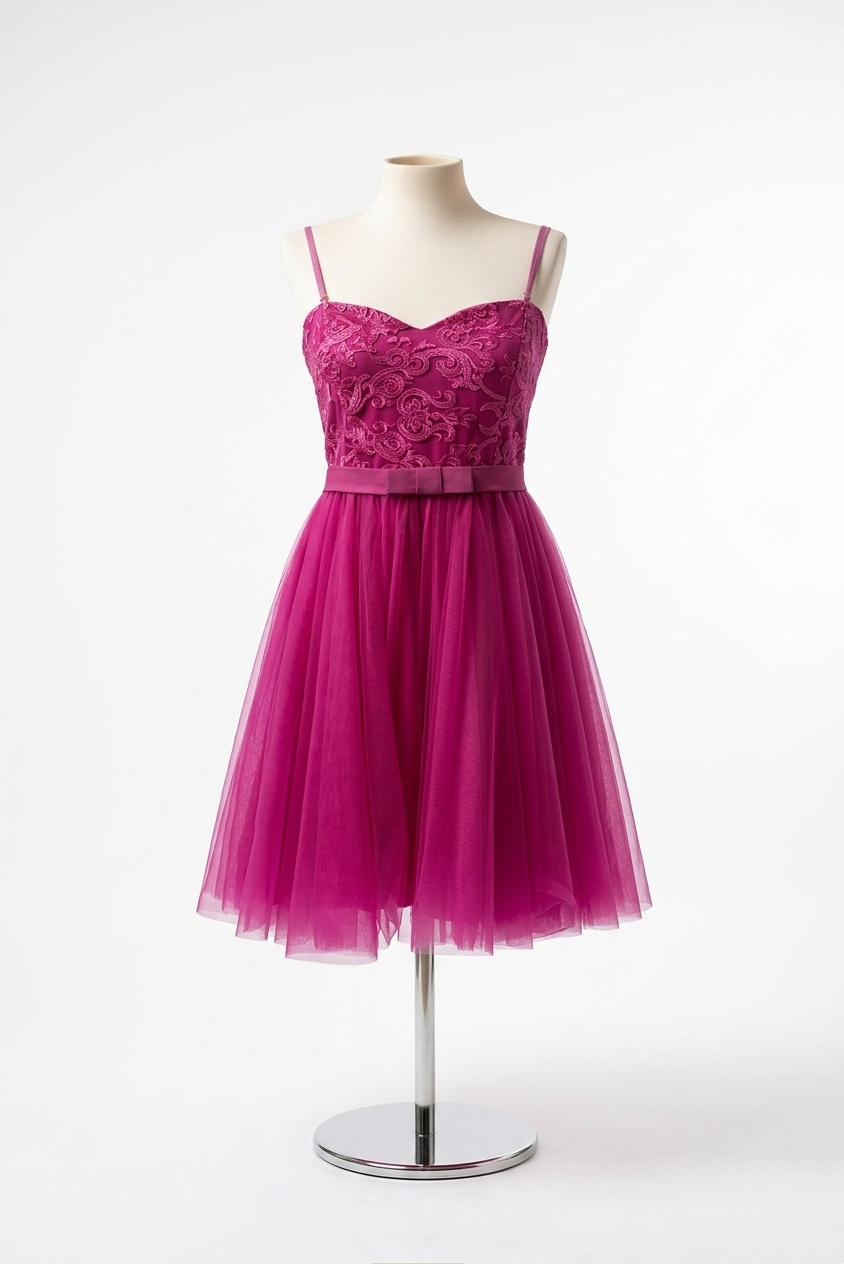 Wholesaler BEHOO - Short party dress in tulle and lace with thin fuchsia straps