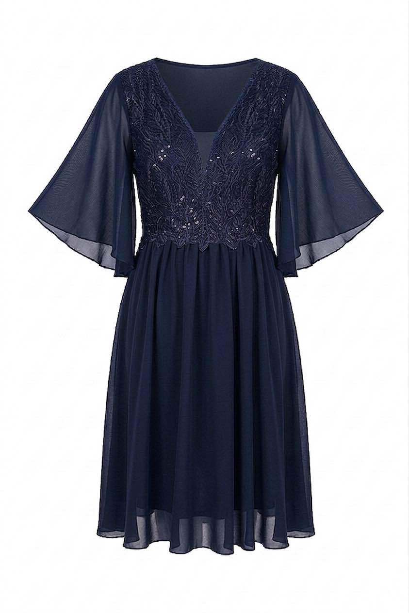 Grossista BEHOO - Abito Donna Curvy in Chiffon con Pizzo e Scollo a V