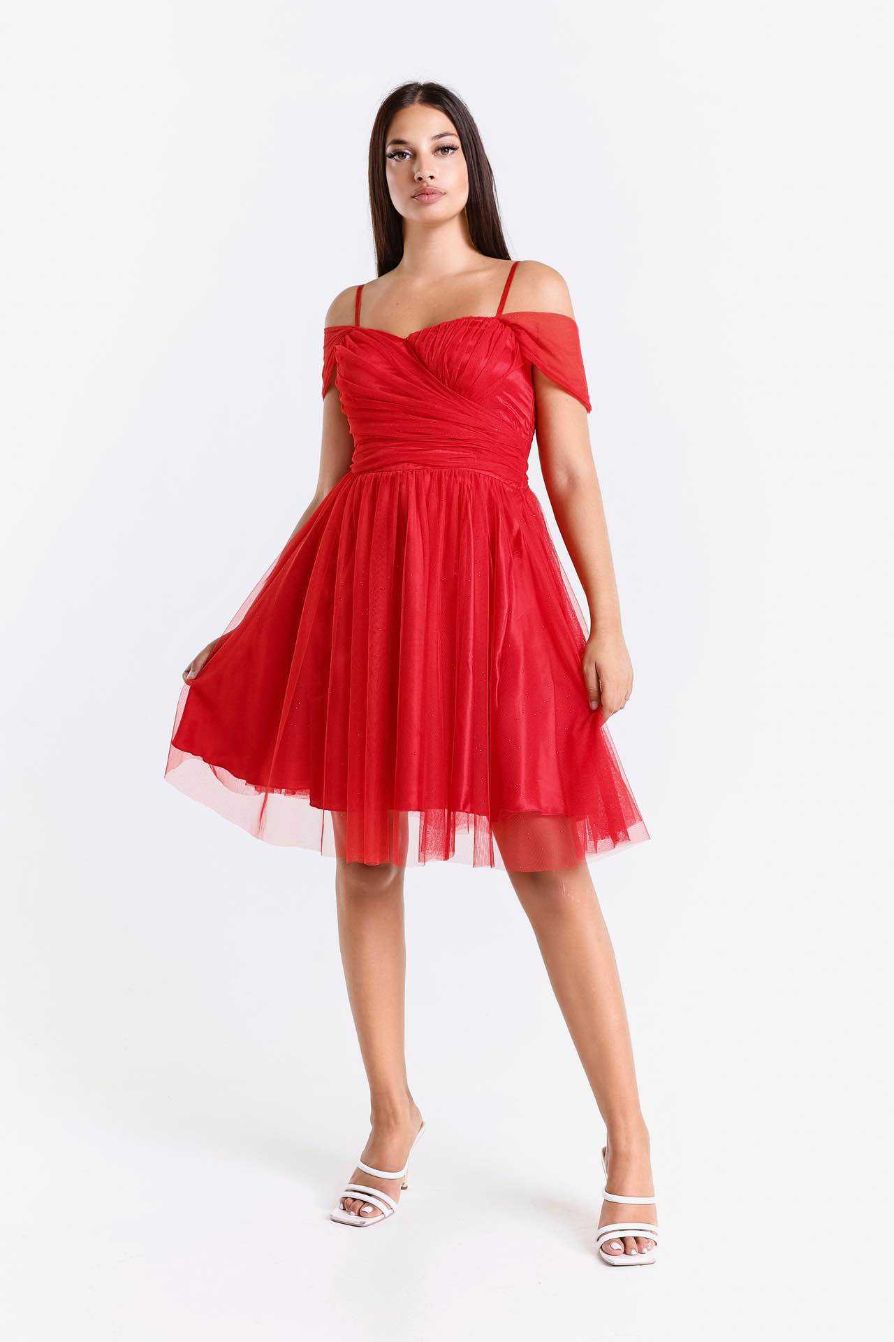 Wholesaler BEHOO - Women's short tulle dress with bardot neckline and bow