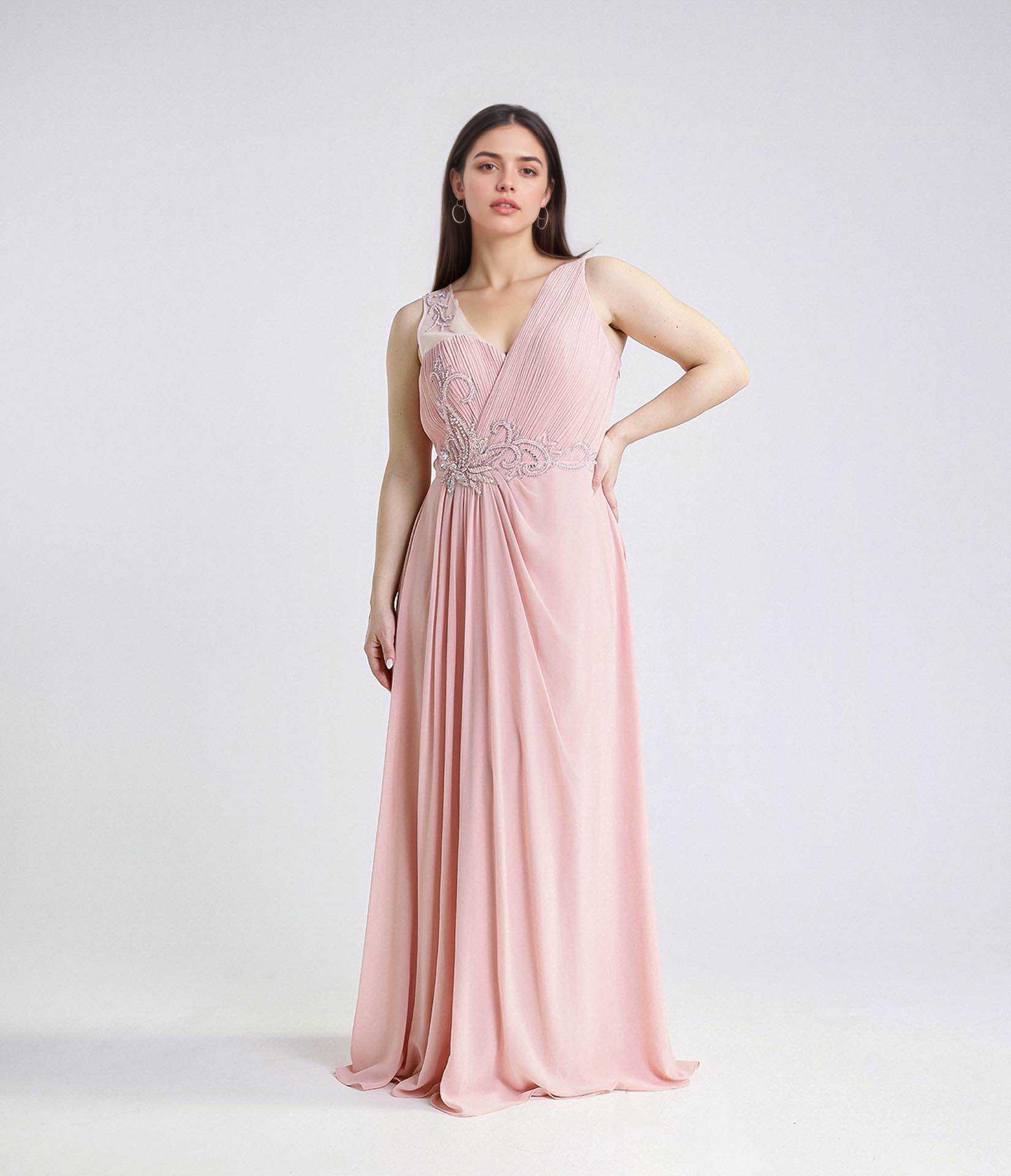 Wholesaler BEHOO - Elegant Long Dress for Women, Beaded Embroidery and Pleated Chiffon, Evening and Formal Gown