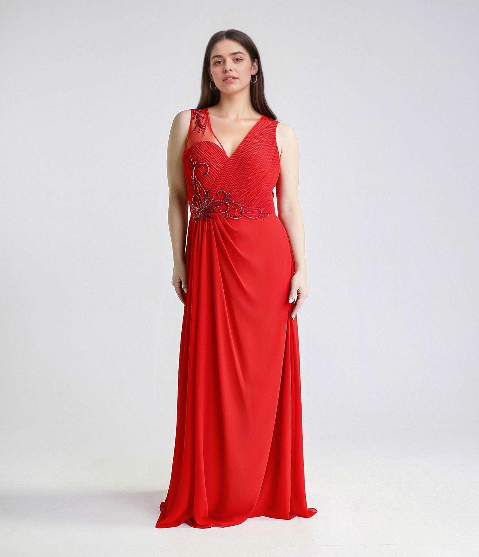 Wholesaler BEHOO - Elegant Long Dress for Women, Beaded Embroidery and Pleated Chiffon, Evening and Formal Gown