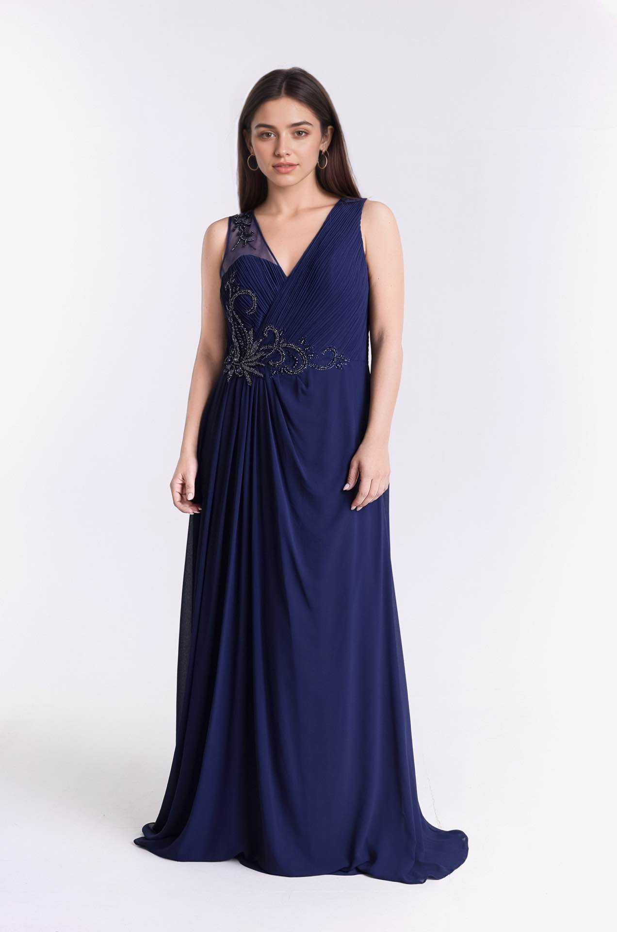 Wholesaler BEHOO - Elegant Long Dress for Women, Beaded Embroidery and Pleated Chiffon, Evening and Formal Gown