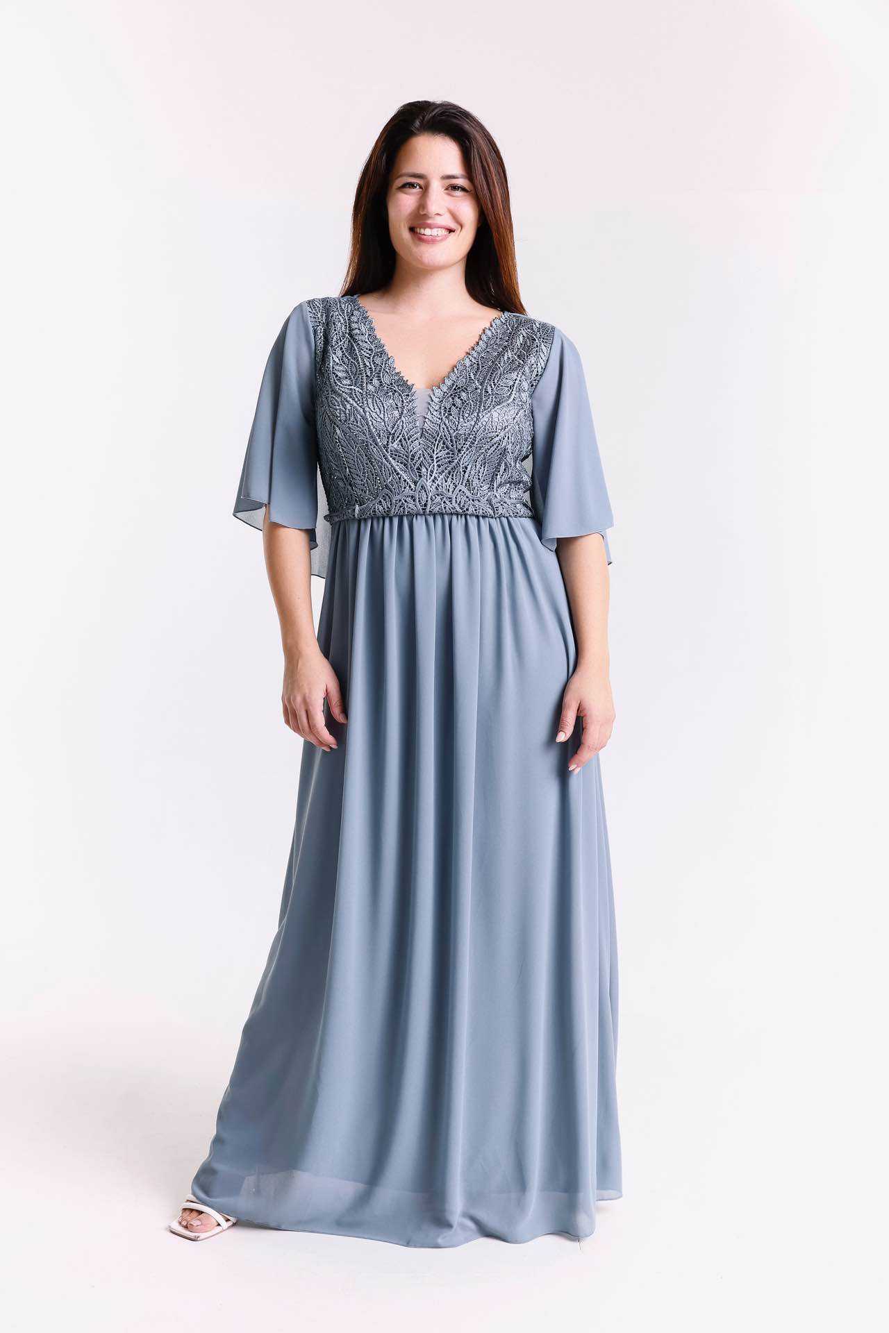 Wholesaler BEHOO - Curvy Women's Long Ceremony Dress with Lace V-Neck and Cape Sleeves