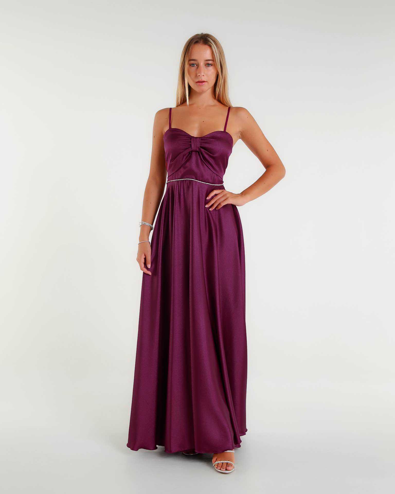 Grossiste BEHOO - Robe Longue Élégante en Satin avec Bretelles Fines et Nœud sur le Corsage