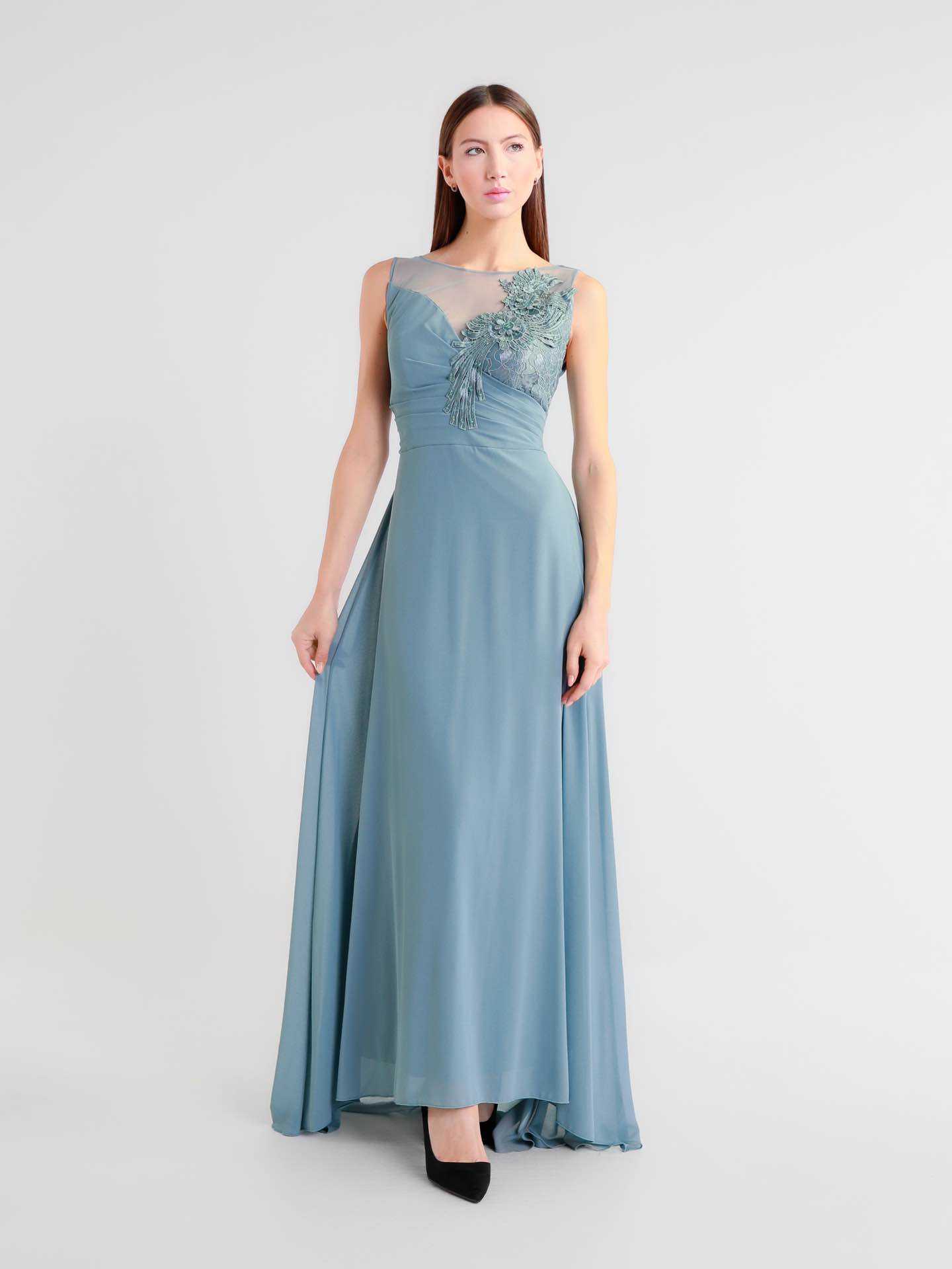 Wholesaler BEHOO - Women's Long Evening Dress with Embroidered Lace Bodice
