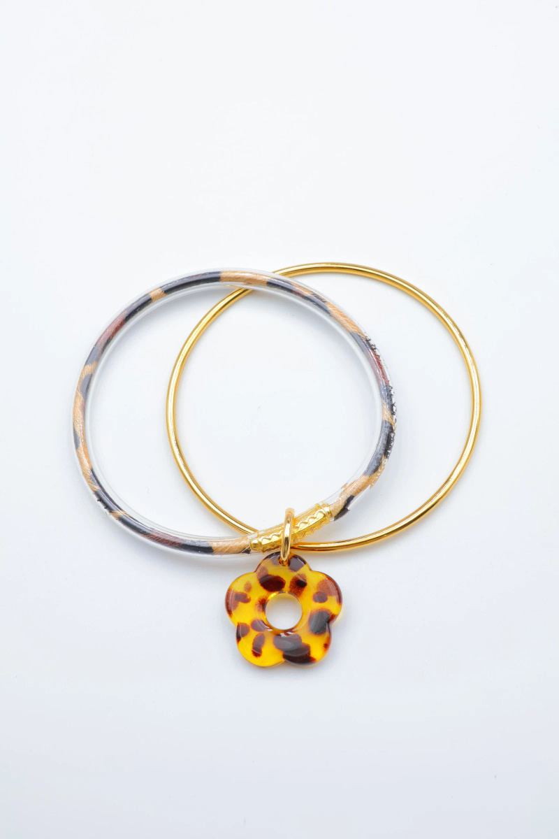 Mayorista Beli & Jolie - Brazalete doble en acero inoxidable – Colgante de flor con estampado de leopardo