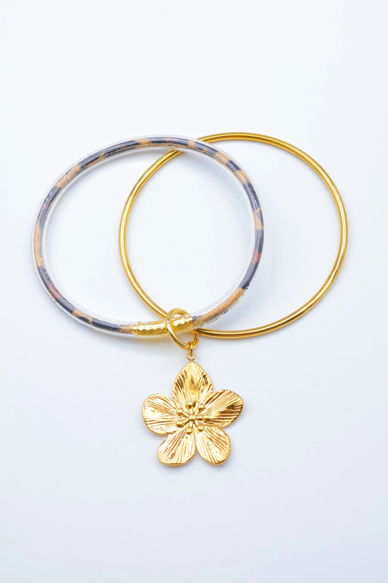 Grossiste Beli & Jolie - Bracelet jonc double en acier inoxydable – Breloque fleur