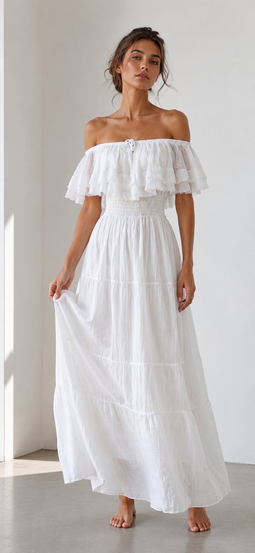 Großhändler Bellavie - Weiße Boho-Maxikleid – Schulterfrei