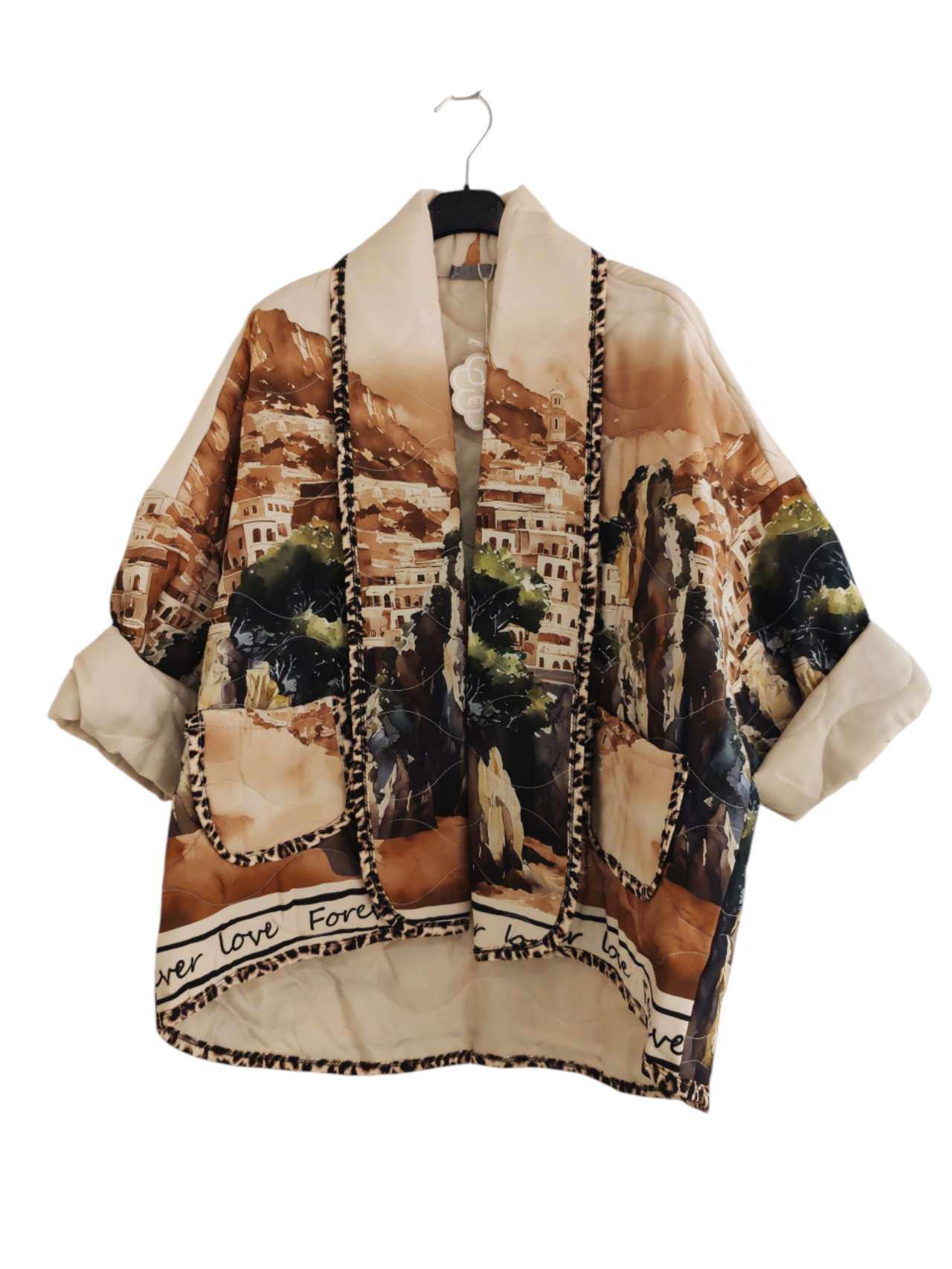 Grossista Bellavie - GIACCA STAMPATA ARTISTICA FOREVER LOVE CON BORDO LEOPARDO