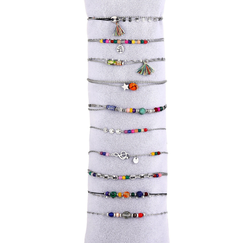Grossiste BELLE MISS - Lot de 10 bracelets acier argenté avec pierre et cristal de couleur