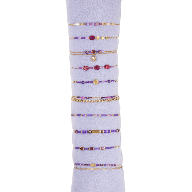 Mayorista BELLE MISS - Juego de 10 pulseras de acero dorado con piedra de colores y cristal.