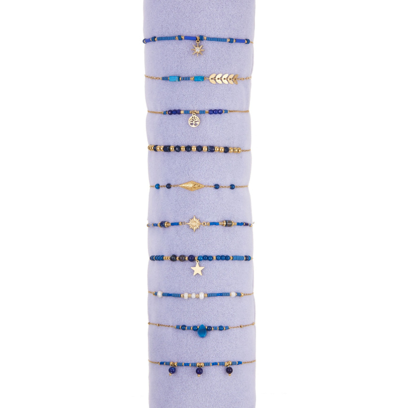 Mayorista BELLE MISS - Juego de 10 pulseras de acero dorado con piedra de colores y cristal.