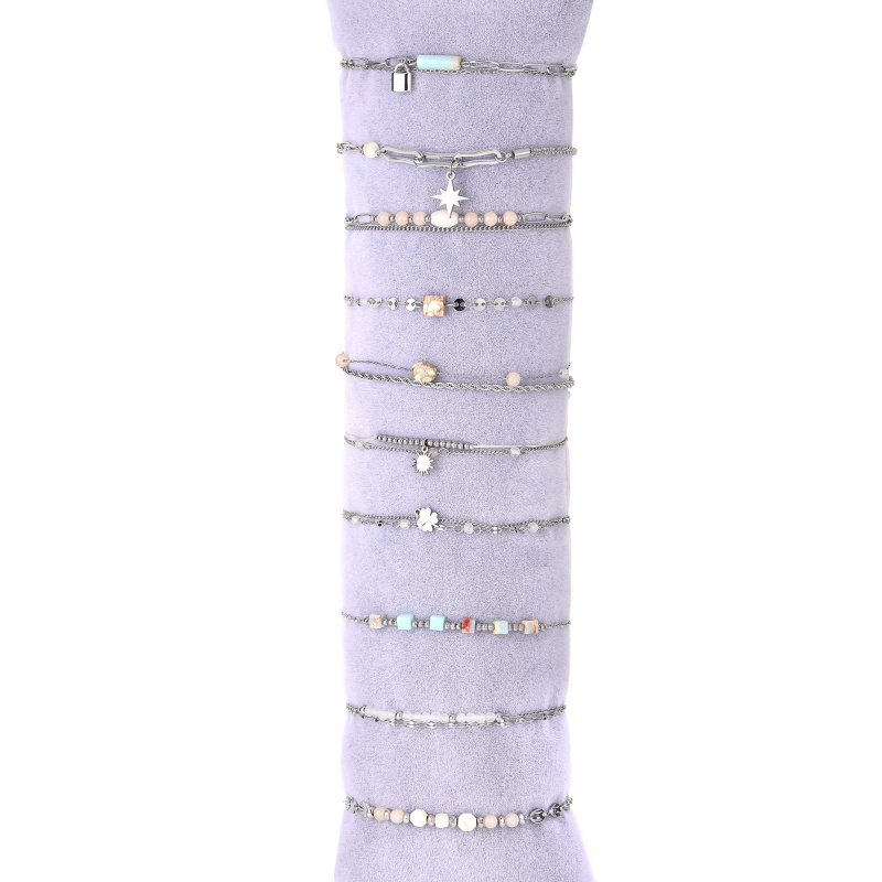 Grossiste BELLE MISS - Lot de 10 bracelets acier argenté avec pierre et cristal de couleur