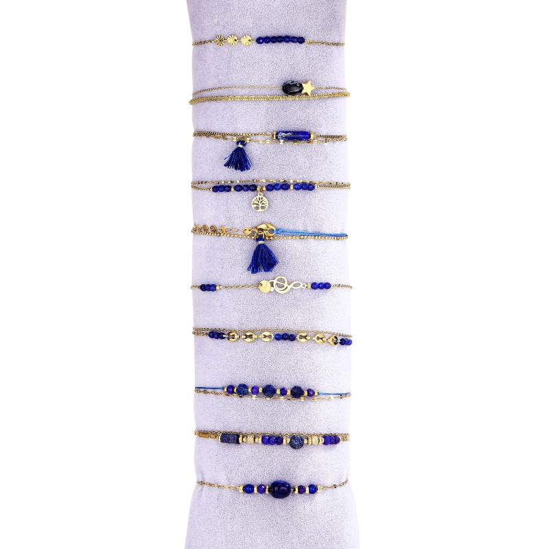 Mayorista BELLE MISS - Juego de 10 pulseras de acero dorado con piedra de colores y cristal.