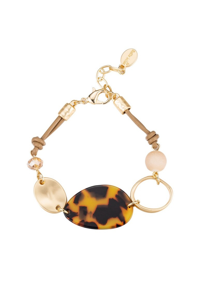Grossista BELLE MISS - Bracciale con piastre in acrilico a motivo leopardato e elementi metallici color oro opaco